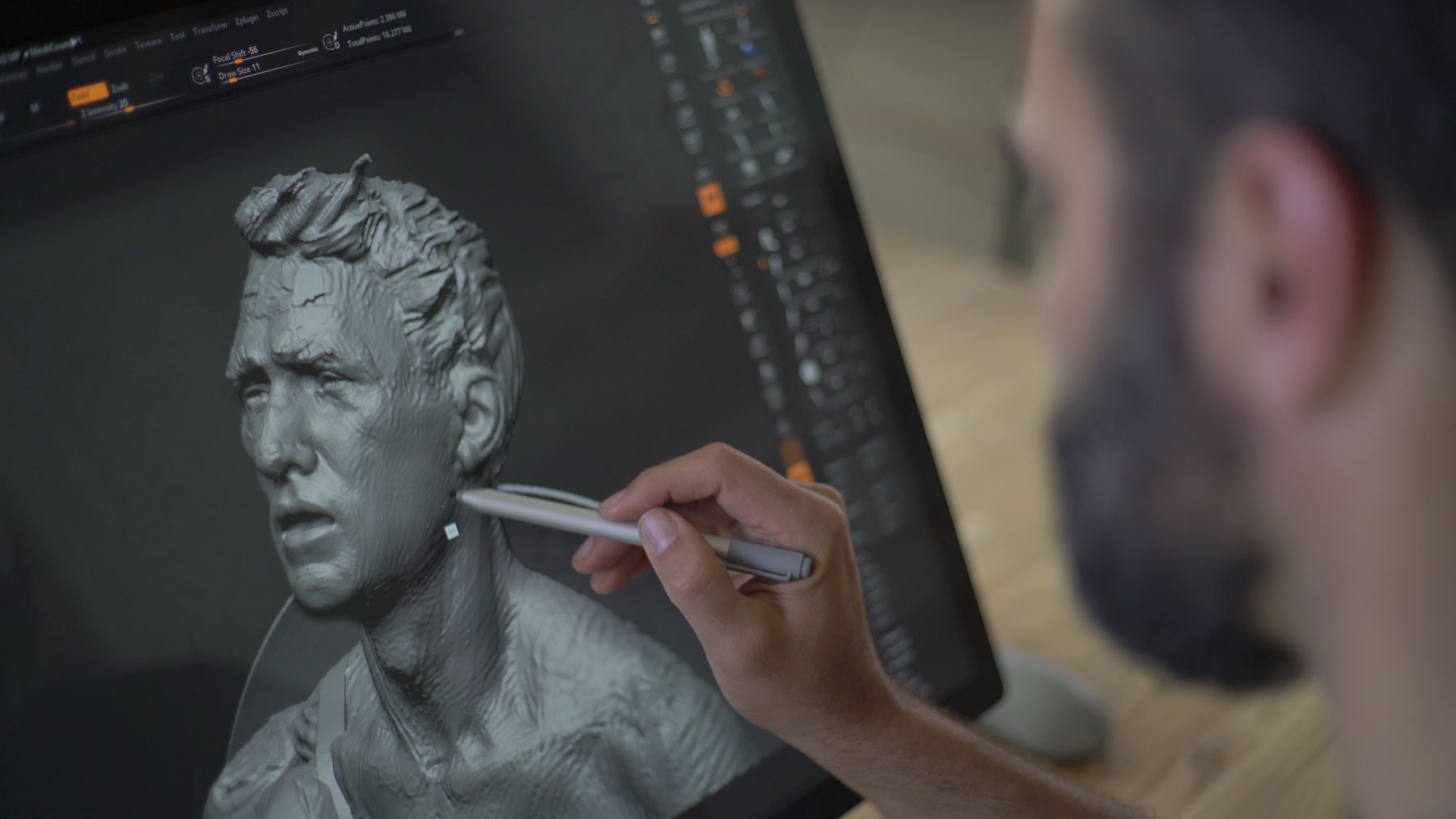 Ryan Kingslien sculpting a portrait bust in ZBrush